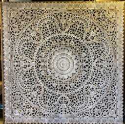 White Wash Large Teak Wood King Bed Bohemian Headboard Lotus Flower Mandala Hand Carved Wall Mounted Hanging Decorative Panel