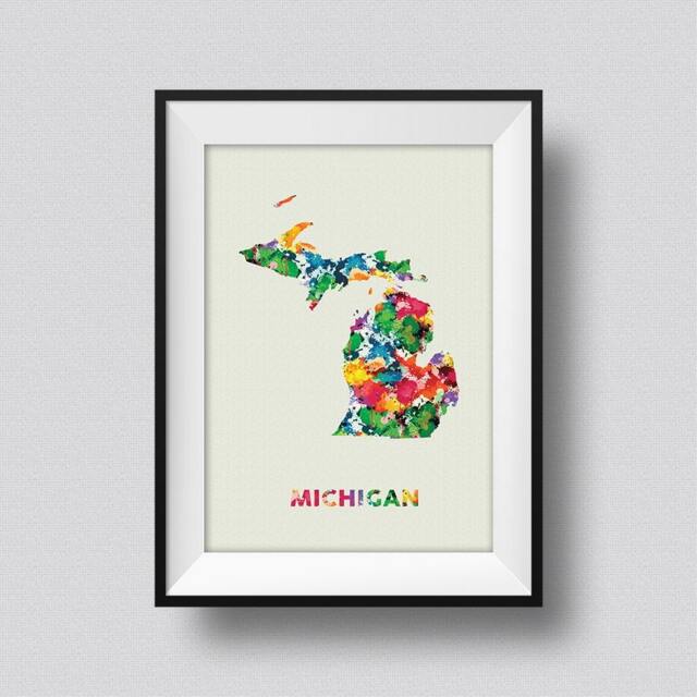 Michigan Map Usa Watercolor Art Print Ink Splash Poster Canvas