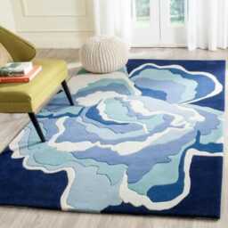 Hand Tufted Wool Area Rug, Blue Geometric Wave Design, Oushak Style Home Decor - thumbnail 1