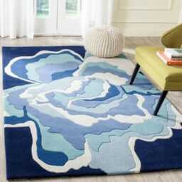 Hand Tufted Wool Area Rug, Blue Geometric Wave Design, Oushak Style Home Decor - thumbnail 2