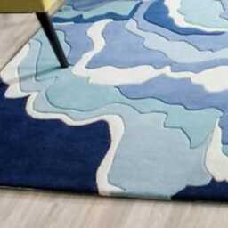 Hand Tufted Wool Area Rug, Blue Geometric Wave Design, Oushak Style Home Decor - thumbnail 3