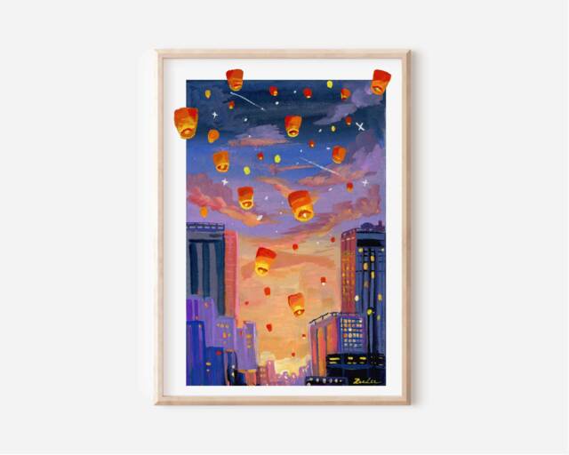 Floating Lanterns Art Print Sunset Sky, Asian Landscape Painting - image 1