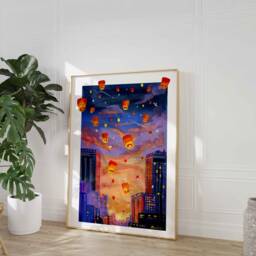 Floating Lanterns Art Print Sunset Sky, Asian Landscape Painting - thumbnail 2