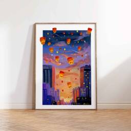 Floating Lanterns Art Print Sunset Sky, Asian Landscape Painting - thumbnail 3