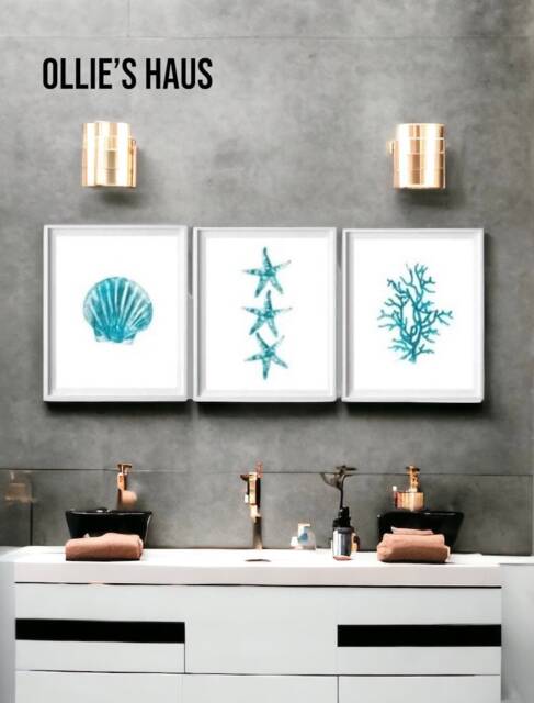 Set Of 3 Beach Themed Watercolour Bathroom Wall Posters Prints Pictures Illustrations - Art Decor New Home Gift A4 - image 1