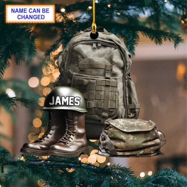 Custom Name Military Uniform Boots & Helmet V3 Christmas Ornament, Tree Hanging Decor, Flat 2D Ornament Acrylic/Wooden, Veteran Gift - image 1