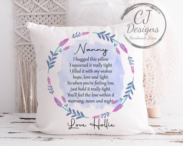 Personalised Nanny Hug Cushion - Lilac Floral Design Printed White Super Soft- Hugs Quote- Grandma Granny-Nanna- Nannie - image 1