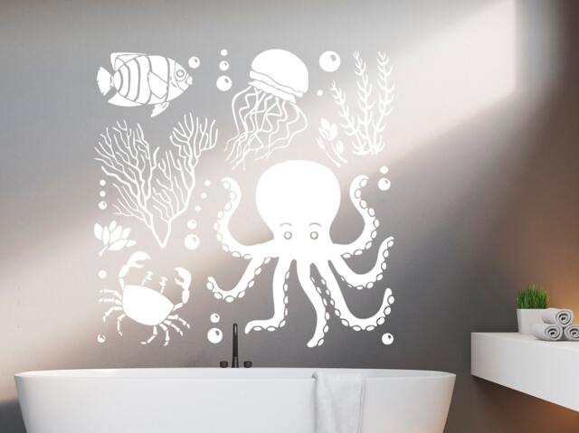 Octopus Sea Life Wall Decals - Bathroom Sticker Vinyl Nautical Decor Ocean Animal Nursery Seaweed Decal Sm168 - image 1