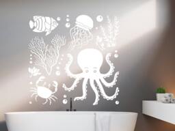 Octopus Sea Life Wall Decals - Bathroom Sticker Vinyl Nautical Decor Ocean Animal Nursery Seaweed Decal Sm168 - thumbnail 1