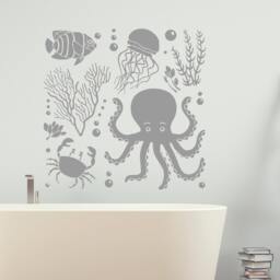 Octopus Sea Life Wall Decals - Bathroom Sticker Vinyl Nautical Decor Ocean Animal Nursery Seaweed Decal Sm168 - thumbnail 2