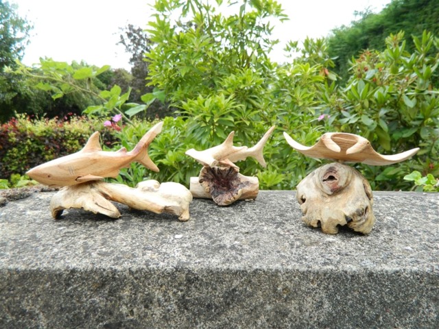 Hand Carved Wooden Shark/ Manta Ray - Great White, Hammer Head, Ray, Set Of Three - image 1