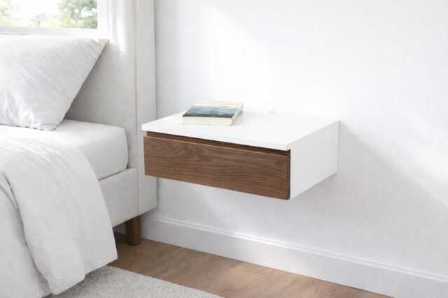 Mid-Century Modern Floating Nightstand, High End White Lacquer & Walnut Drawer, Blanca Bedside Drawer - image 1