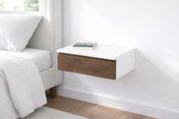 Mid-Century Modern Floating Nightstand, High End White Lacquer & Walnut Drawer, Blanca Bedside Drawer
