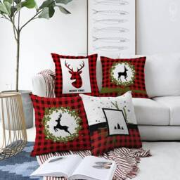 Christmas Throw Pillow Covers With Reindeers & Plaid Pattern - Double Sided Printing On The Chenille Fabric Different Sizes, Oeko-Tex?? - thumbnail 1