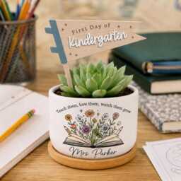 Teacher Plant Pot With Wooden Pennant Stake, First Day Of School Succulent Gift - thumbnail 2