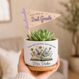 Teacher Plant Pot With Wooden Pennant Stake, First Day Of School Succulent Gift - thumbnail 3