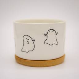 Cute Halloween Ghost Succulent Pot, Ceramic Planter With Bamboo Tray - thumbnail 2
