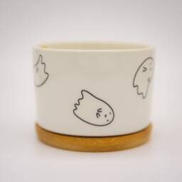 Cute Halloween Ghost Succulent Pot, Ceramic Planter With Bamboo Tray - thumbnail 3