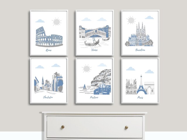 Nursery Wall Art, Travel Theme Nursery, Rome, Vanice, Barcelona, Charleston, Positano, Paris, Blue, Gray - image 1