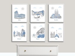 Nursery Wall Art, Travel Theme Nursery, Rome, Vanice, Barcelona, Charleston, Positano, Paris, Blue, Gray - thumbnail 1