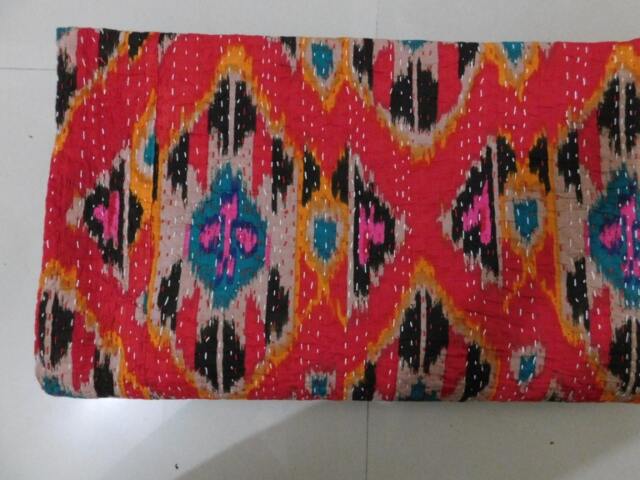 Handmade Ikat Kantha Quilt Bedspread - Indian Queen Size Bedcover - image 1