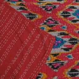 Handmade Ikat Kantha Quilt Bedspread - Indian Queen Size Bedcover - thumbnail 4