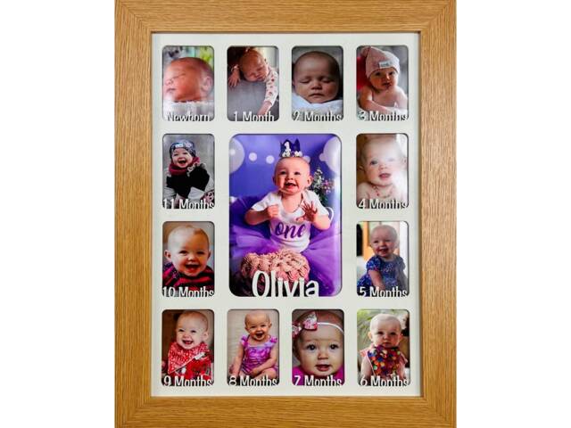 Newborn Baby 1st Year Personalised Photo Frame 1-12 Months - Natural Finish & White Insert - image 1