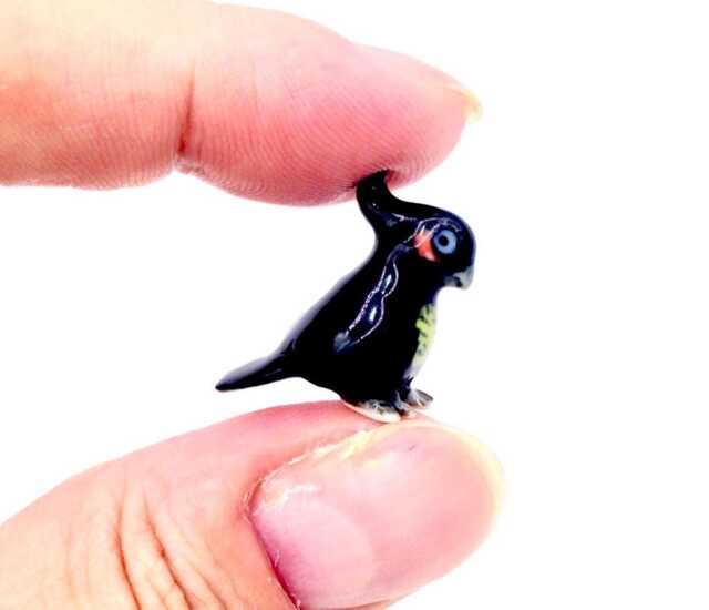 Miniature Ceramic Cockatoo Exotic Bird Animal Little Black Red Figurine Tiny Statue Small Decoration Hand Painted Collectible Mini Figure - image 1
