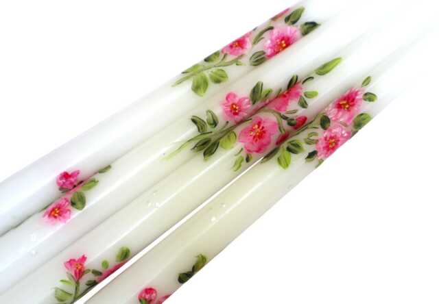 Hand Painted Hollyhock Taper Candles Romantic Pink Flower Candlesticks, Dining Room Table Decor - image 1