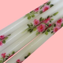 Hand Painted Hollyhock Taper Candles Romantic Pink Flower Candlesticks, Dining Room Table Decor - thumbnail 2