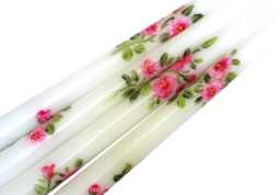 Hand Painted Hollyhock Taper Candles Romantic Pink Flower Candlesticks, Dining Room Table Decor - thumbnail 1