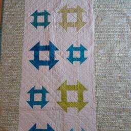 Handmade Churn Dash Quilt, Turquoise Lime Green Throw, 55 Inch Baby Quilt - thumbnail 4