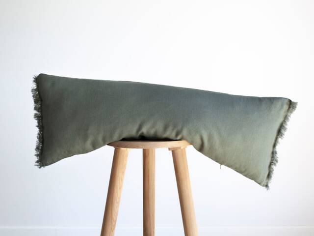 Sage Green Long Lumbar Pillow Cover, Fringed Edges Style With Hidden Zipper Closure - Handmade - image 1