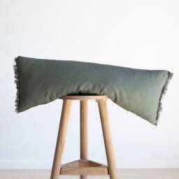 Sage Green Long Lumbar Pillow Cover, Fringed Edges Style With Hidden Zipper Closure - Handmade - thumbnail 3