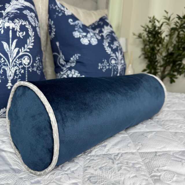 Luxurious Navy Velvet Bolster Cushion With Grey Piping - Home Decor Accent 16 X 6 Bed Pillow - image 1