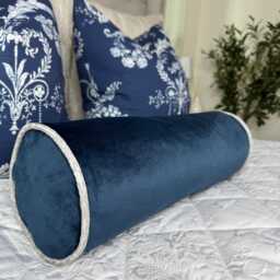 Luxurious Navy Velvet Bolster Cushion With Grey Piping - Home Decor Accent 16 X 6 Bed Pillow - thumbnail 1