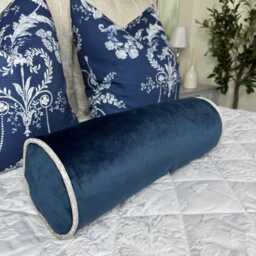 Luxurious Navy Velvet Bolster Cushion With Grey Piping - Home Decor Accent 16 X 6 Bed Pillow - thumbnail 4