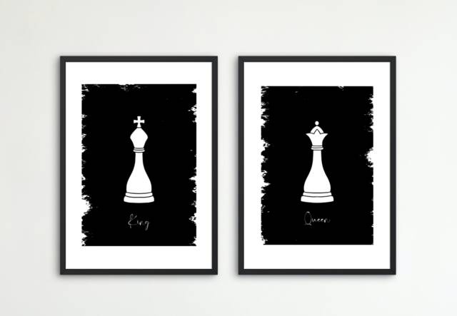 Chess Pieces Print, King & Queen Pieces, Contemporary Prints, Pair Of Black & White Prints, Game Lovers Print - image 1