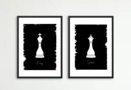Chess Pieces Print, King & Queen Pieces, Contemporary Prints, Pair Of Black & White Prints, Game Lovers Print - thumbnail 1