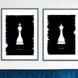 Chess Pieces Print, King & Queen Pieces, Contemporary Prints, Pair Of Black & White Prints, Game Lovers Print - thumbnail 3