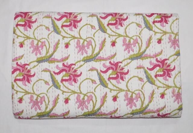 Floral Pink Kantha Quilt - Handmade Indian Cotton Bedspread - image 1