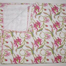 Floral Pink Kantha Quilt - Handmade Indian Cotton Bedspread - thumbnail 4
