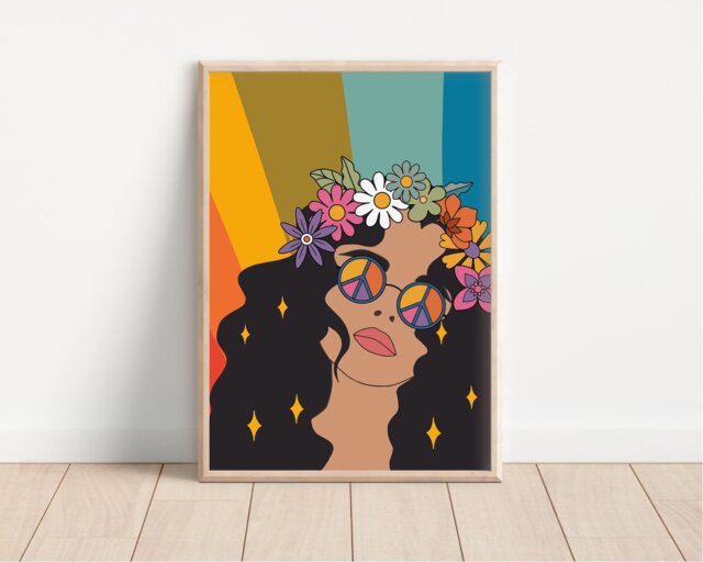 Groovy Hippie Female Print - Retro Art, Floral, 1970S 1960S, Bright Bold, Flowers, Positivity, Peace, Flower Power, Home Decor - image 1