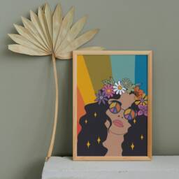 Groovy Hippie Female Print - Retro Art, Floral, 1970S 1960S, Bright Bold, Flowers, Positivity, Peace, Flower Power, Home Decor - thumbnail 2