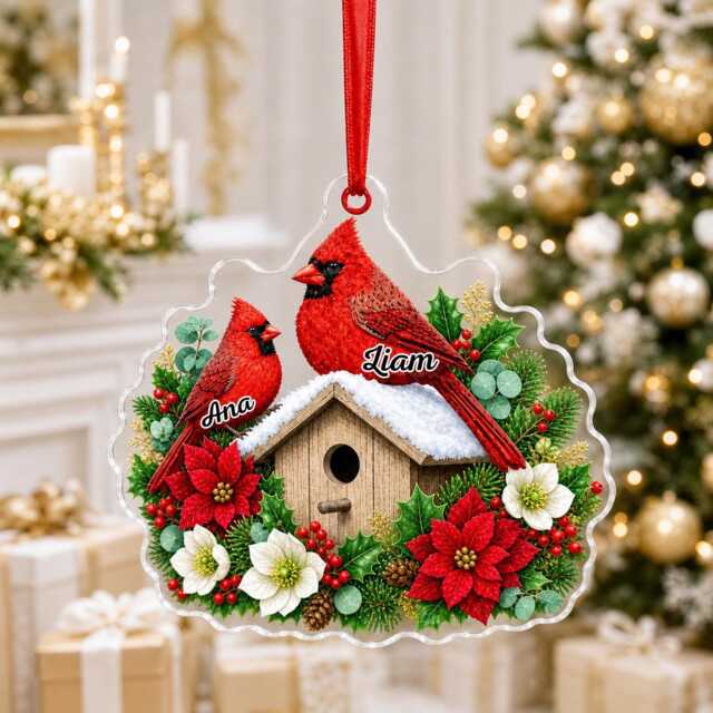 Personalized Cardinal Family Birdhouse Ornament, Christmas Tree Car Hanging Decor, Flat 2D Ornament Acrylic Wooden Xmas Keepsake Gift 2026 - image 1
