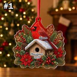 Personalized Cardinal Family Birdhouse Ornament, Christmas Tree Car Hanging Decor, Flat 2D Ornament Acrylic Wooden Xmas Keepsake Gift 2026 - thumbnail 3