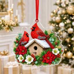 Personalized Cardinal Family Birdhouse Ornament, Christmas Tree Car Hanging Decor, Flat 2D Ornament Acrylic Wooden Xmas Keepsake Gift 2026