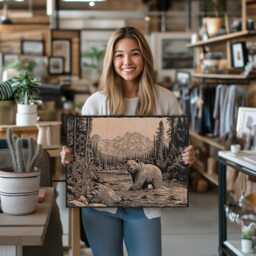 Grizzly Bear in A River Wall Art - Nature Inspired Engraved Wood Lithograph Illustration, Large Painting, Alaska Wildlife Print - thumbnail 2