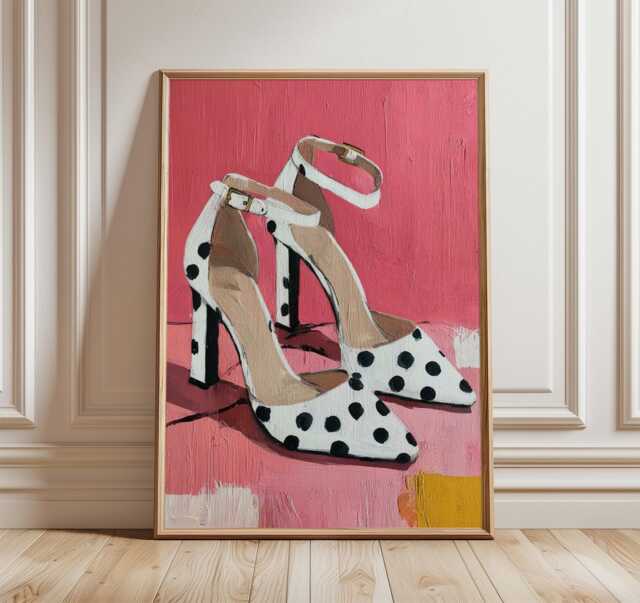 Black & White Polka Dots Heels Wall Art Print, Fashion Illustration Poster, Chic Shoe Print For Bedroom Or Dressing Room, Glamorous Decor - image 1