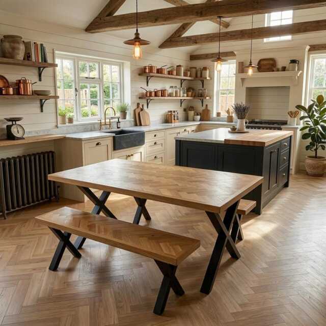 Solid Oak Herringbone Dining Table - Handmade Parquet Wood Scandi Industrial Kitchen Bespoke UK Furniture Forest & Fable - image 1